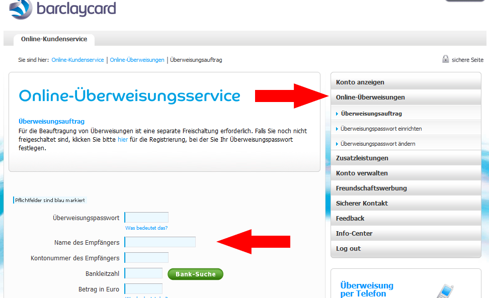 Online Überweisungsservice Barclaycard