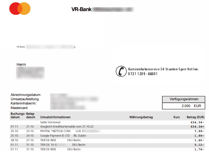 Mastercard VR-Bank Kreditkartenabrechnung