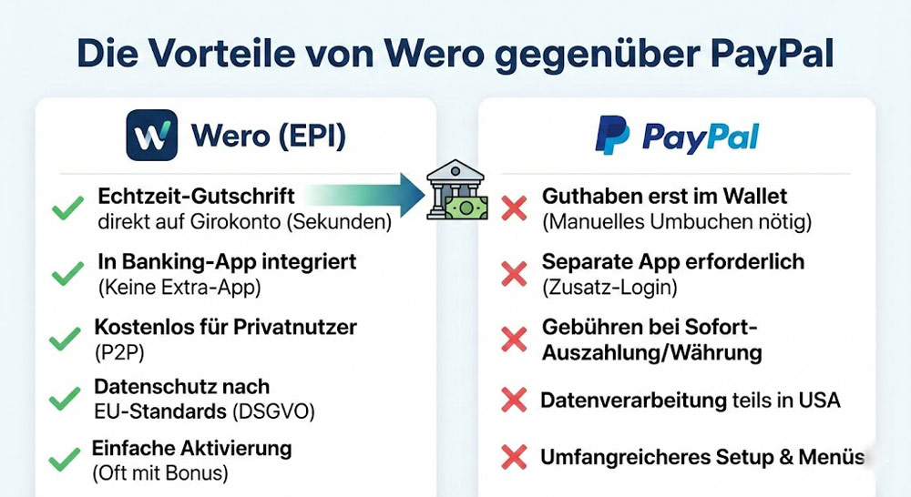 Vergleich von Wero vs Paypal. Das sind die Vorteile.