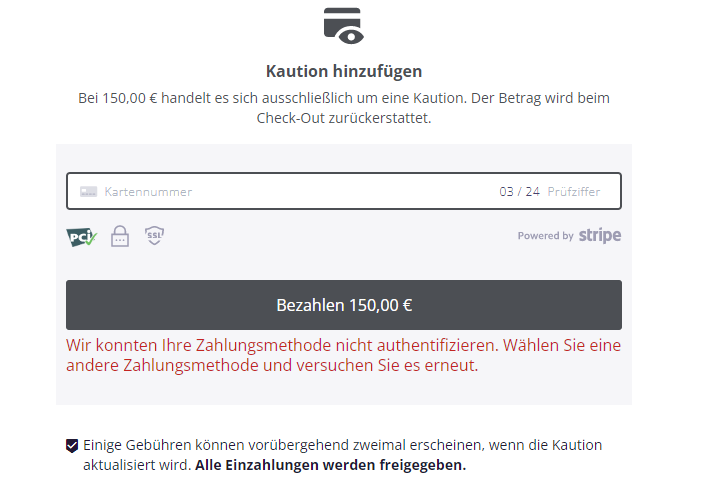 Fehlermeldung Mastercard 3D Secure: Wir konnten Ihre Zahlungsmethode nicht authentifizieren. Wählen Sie eine andere Zahlungsmethode und versuchen Sie es erneut.